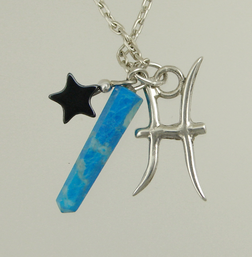 Sterling Silver Pisces Pendant Necklace With an Turquoise And a Black Onyx Star